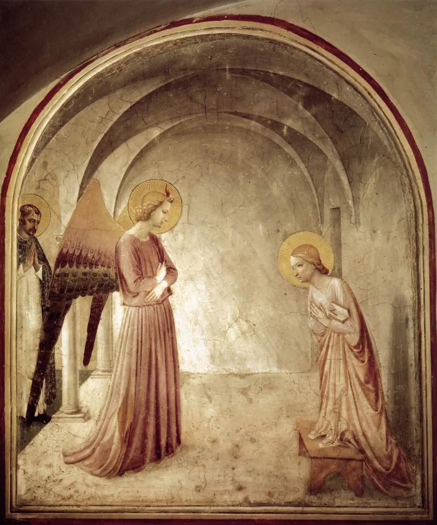 The Annunciation, Fra Angelico, c. 1440 to 1442. A depiction of the first Joyful Mystery of the Rosary.