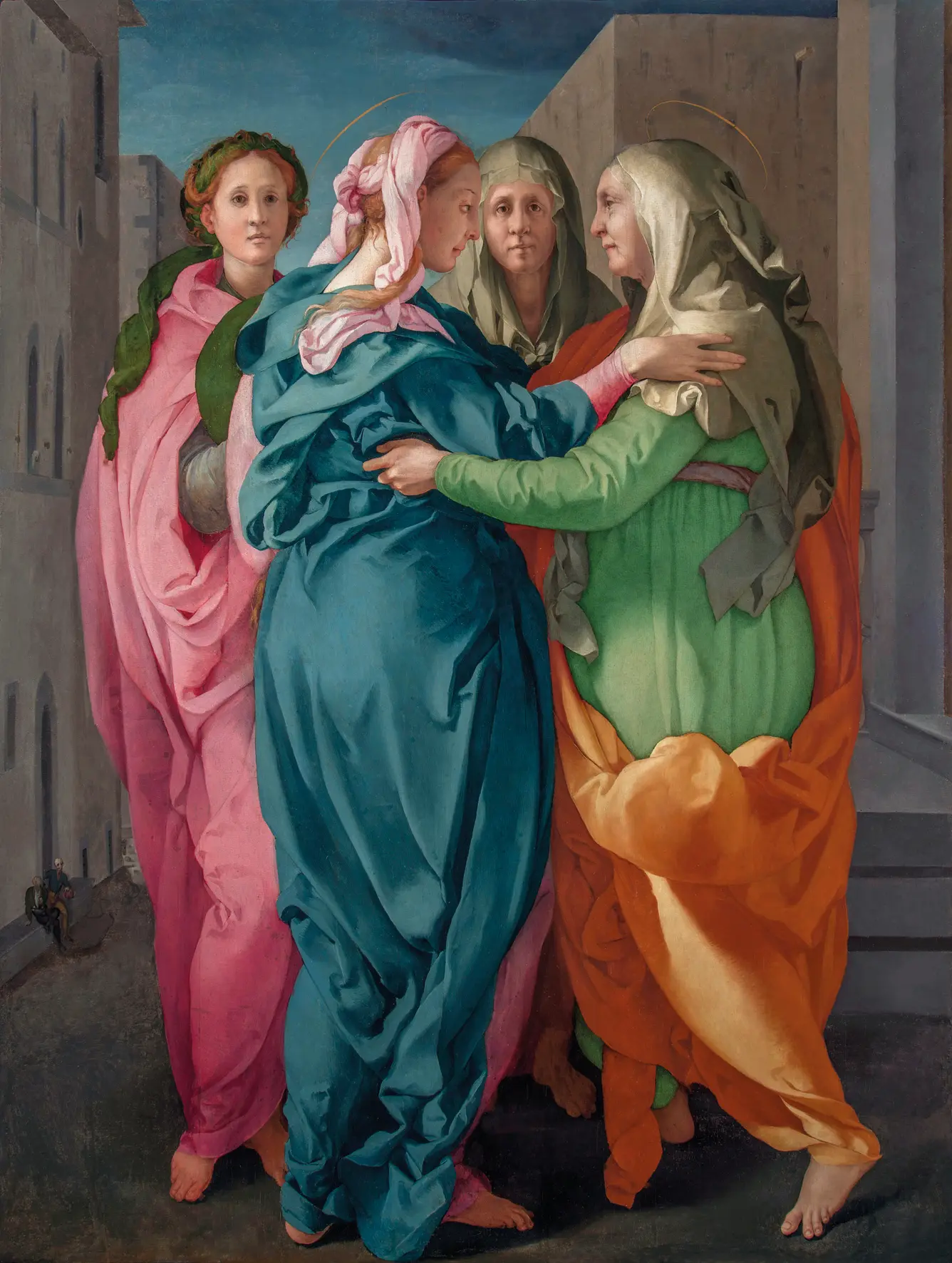 The Visitation, Jacopo Pontormo, c. 1528 to 1529. A depiction of the second Joyful Mystery of the Rosary.