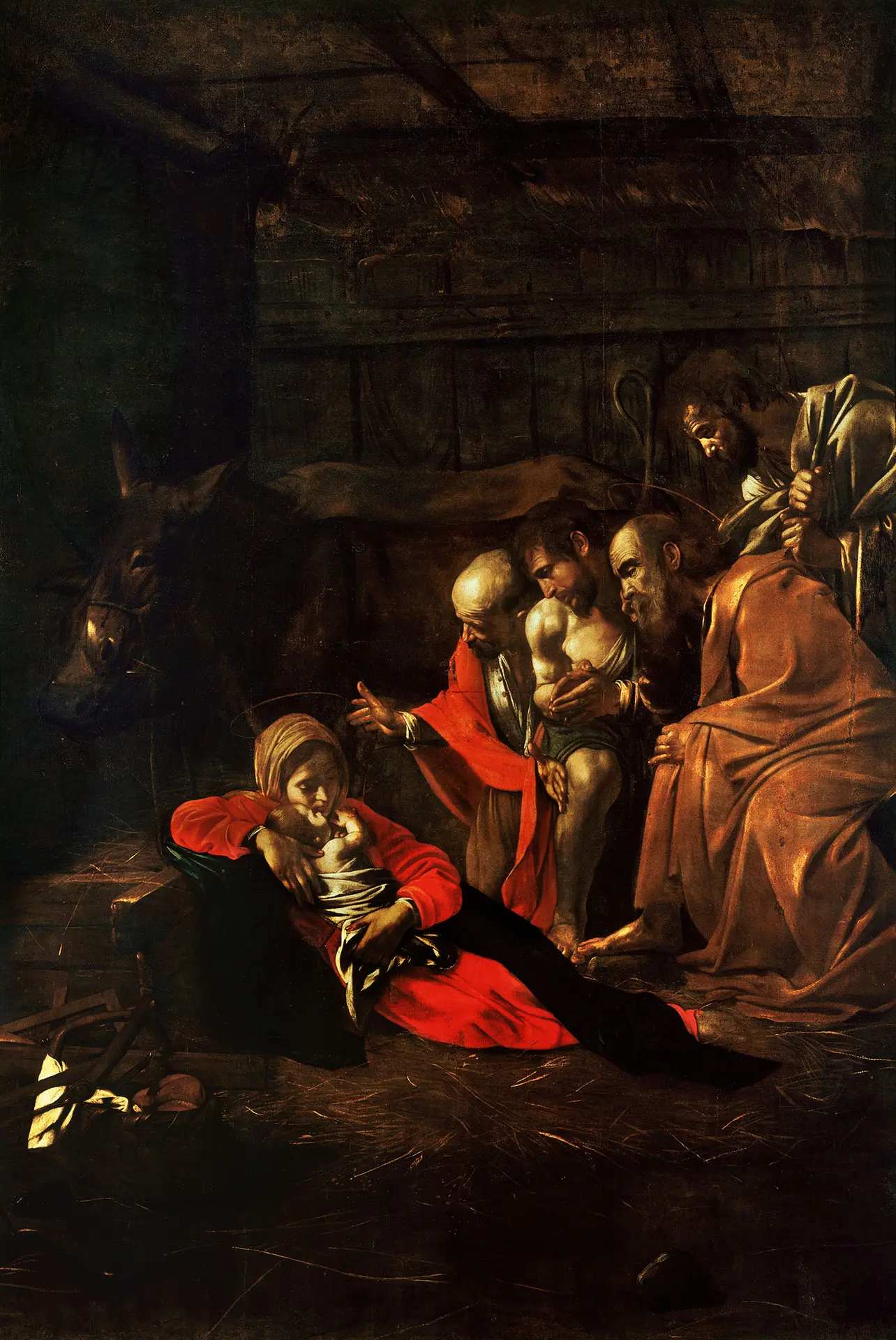 Adoration of the Shepherds, Caravaggio, 1609. A depiction of the third Joyful Mystery of the Rosary.