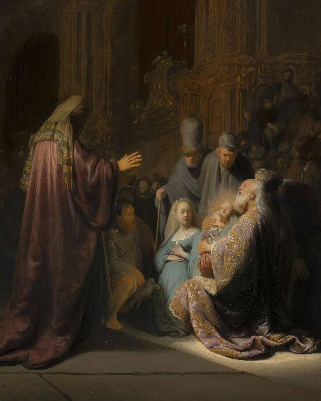 Simeon's Song of Praise, Rembrandt, 1631. A depiction of the fourth Joyful Mystery of the Rosary.