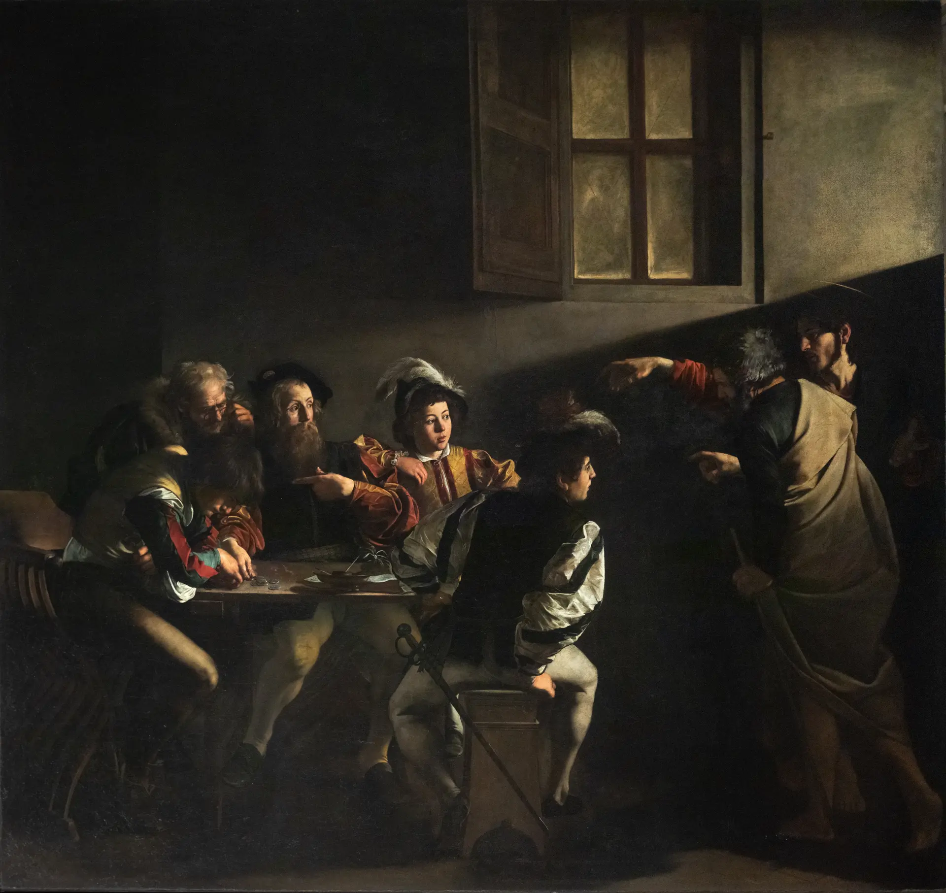 The Calling of Saint Matthew, Caravaggio, c. 1599 to 1600. A depiction of the third Luminous Mystery of the Rosary.
