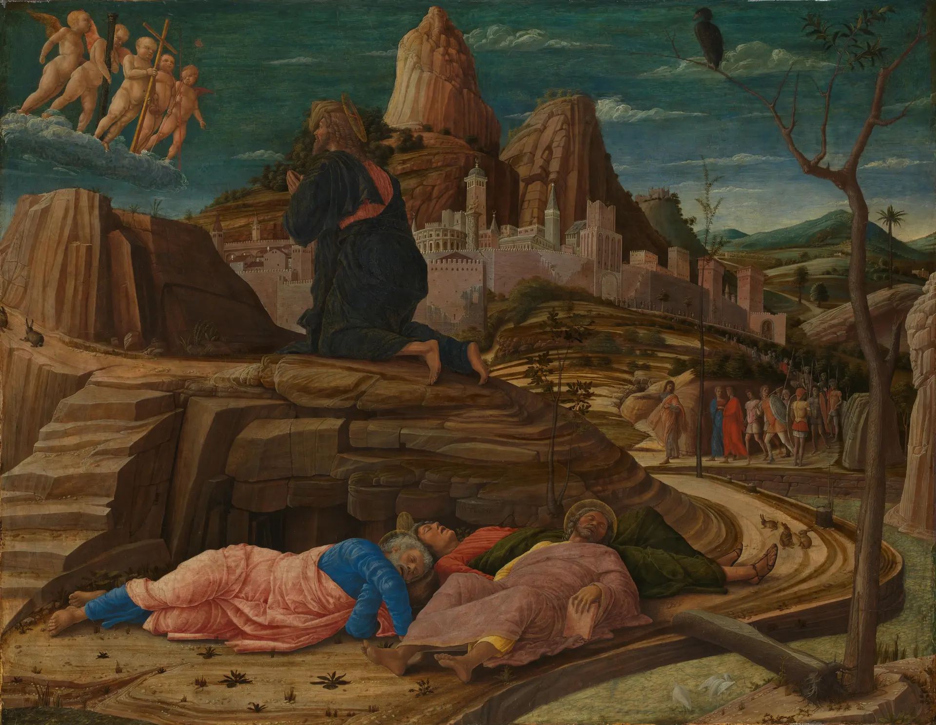 The Agony in the Garden, Andrea Mantegna, c. 1458 to 1460. A depiction of the first Sorrowful Mystery of the Rosary.