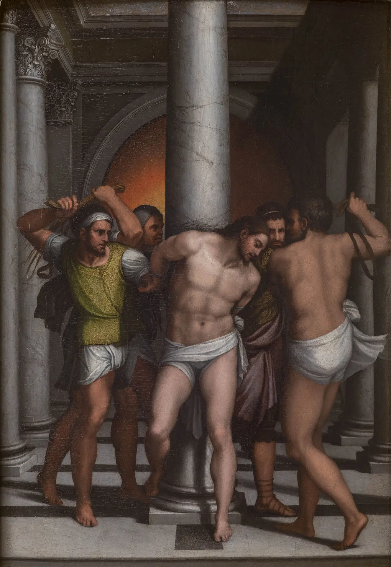 The Flagellation of Christ (after Michelangelo), Sebastiano del Piombo, c. 1516 to 1521. A depiction of the second Sorrowful Mystery of the Rosary.