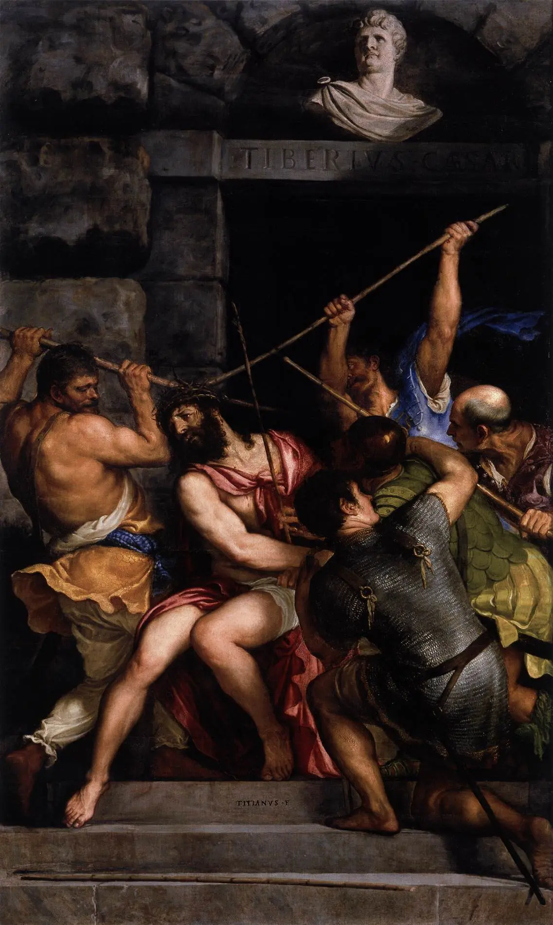 Christ Crowned with Thorns, Titian, c. 1542 to 1543. A depiction of the third Sorrowful Mystery of the Rosary.