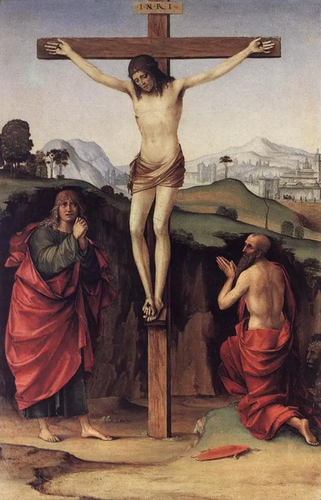 Crucifixion with Saints John and Jerome, Francesco Francia or Marco Palmezzano (North Italian school), c. 1490 to 1510. A depiction of the fifth Sorrowful Mystery of the Rosary.